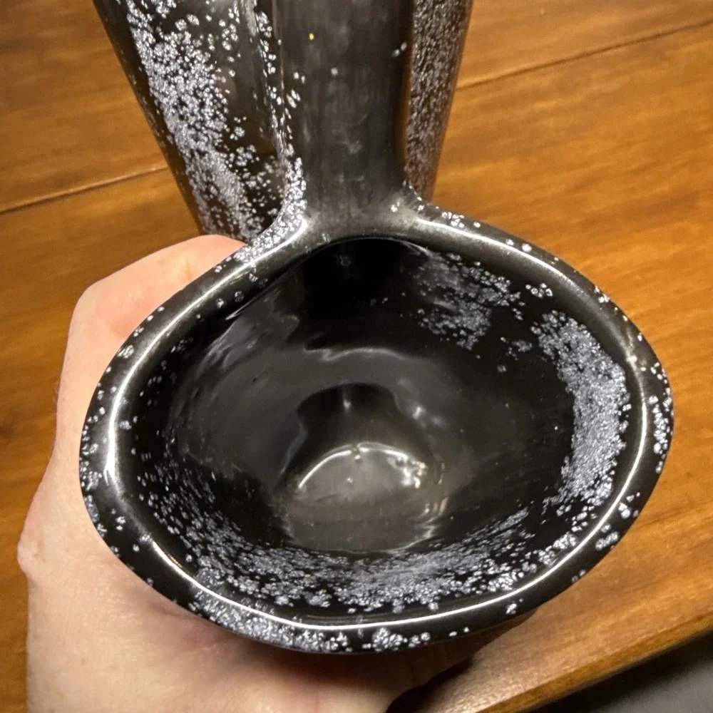 Vtg 1982 Handmade Ceramic Double Vase Signed  Speckled Black & White‎ Glaze